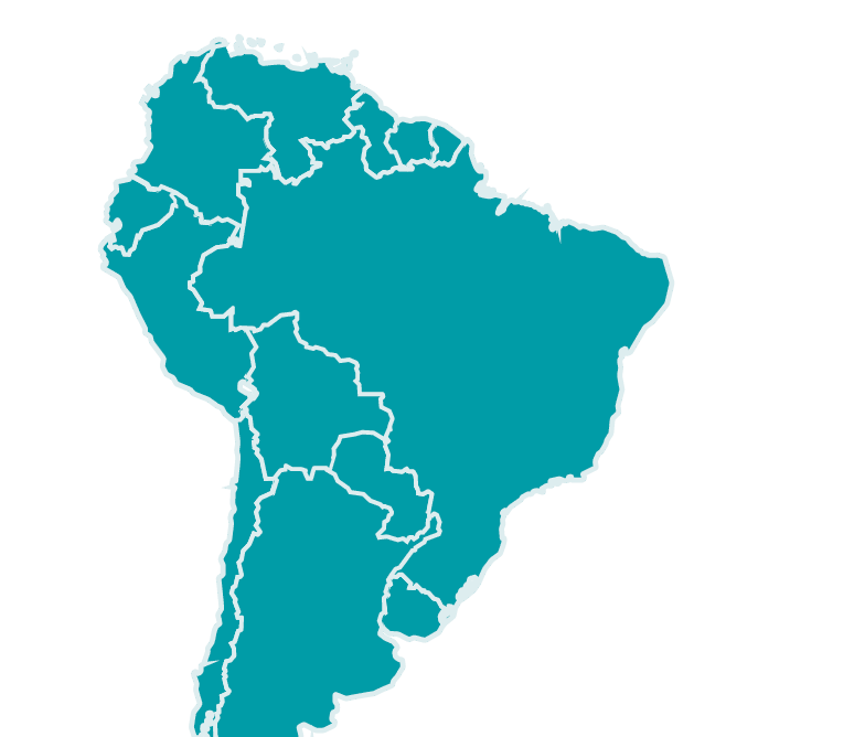 A blue map of South America. Description generated by AI